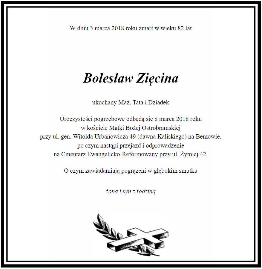 Nekrolog Bolesława Zięciny